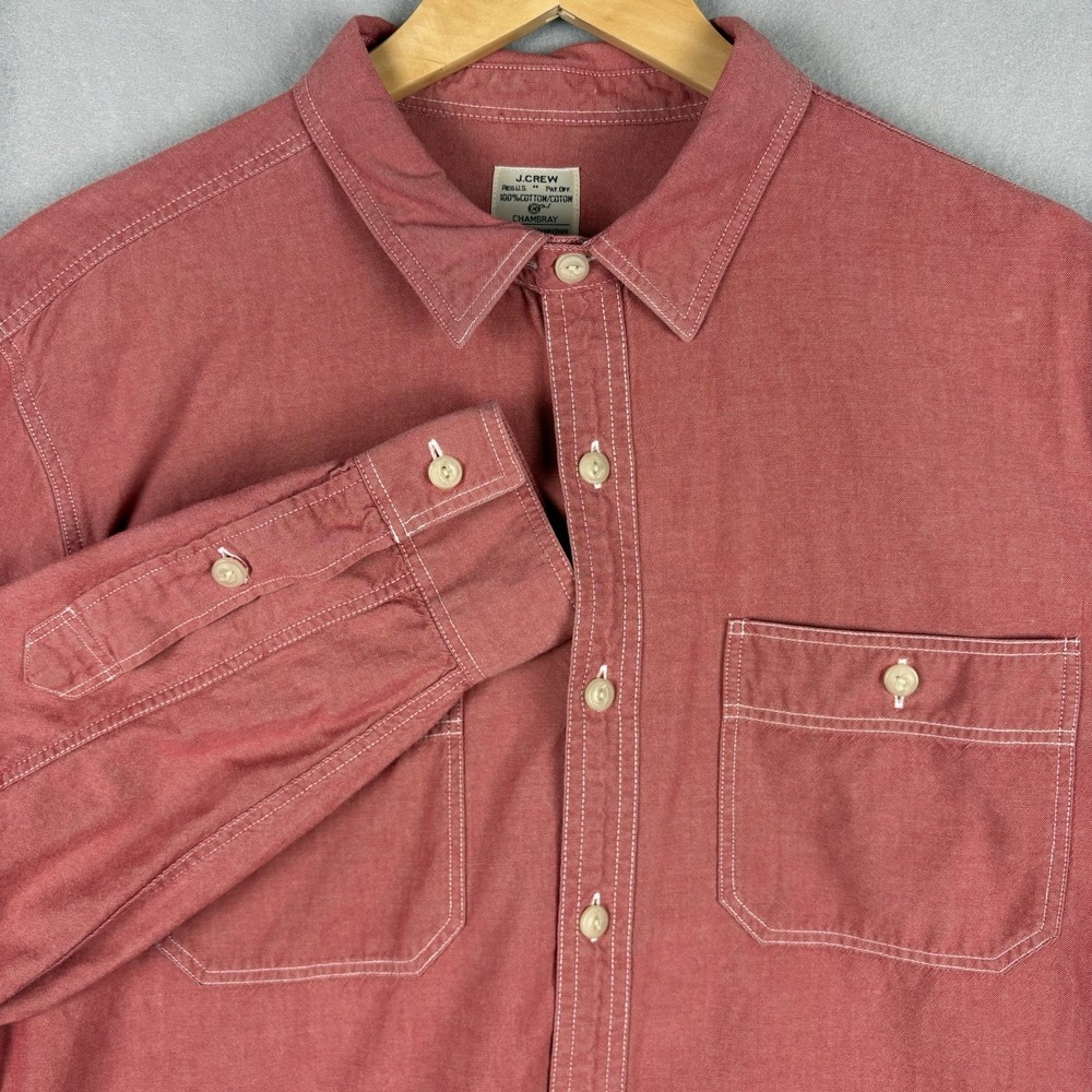 J.Crew Chambray Shirt Men’s Large Red Chin Strap Long Sleeve Utility Work Casual
